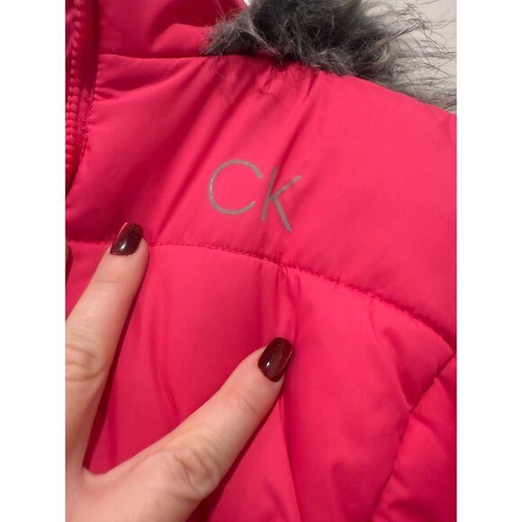 Calvin Klein Jeans Girls Pink Puffer Jacket Faux Fur Hood Size L (12/14) - Picture 2 of 6